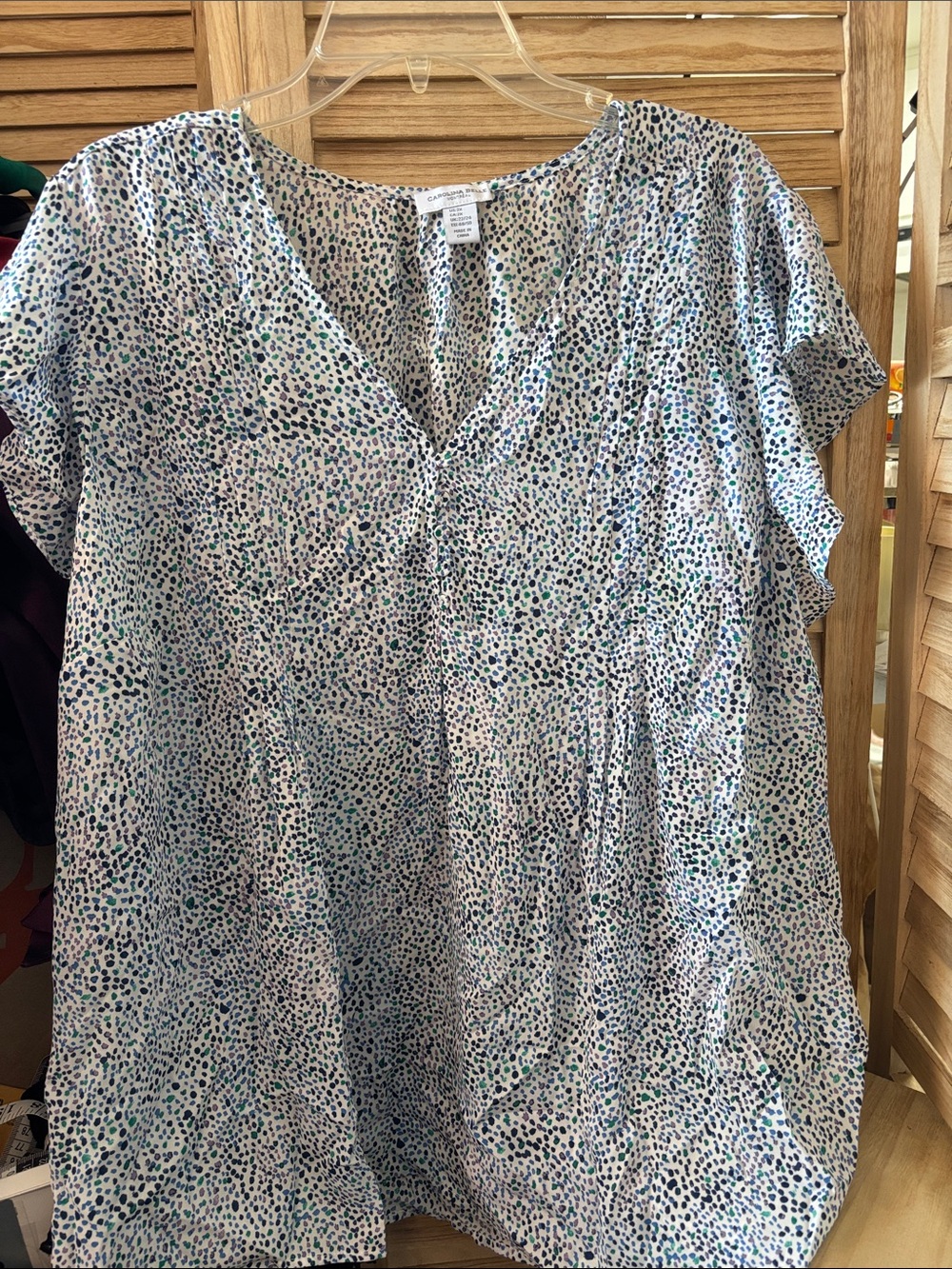 Carolina Belle White Speckle V-Neck Blouse with Blue and Green Dots 2X